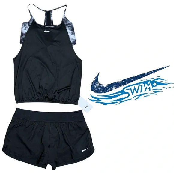 Nike Swim Women’s Tankini and Boardshort 2 piece Swimsuit set Black Size M 8-10 - Picture 2 of 9